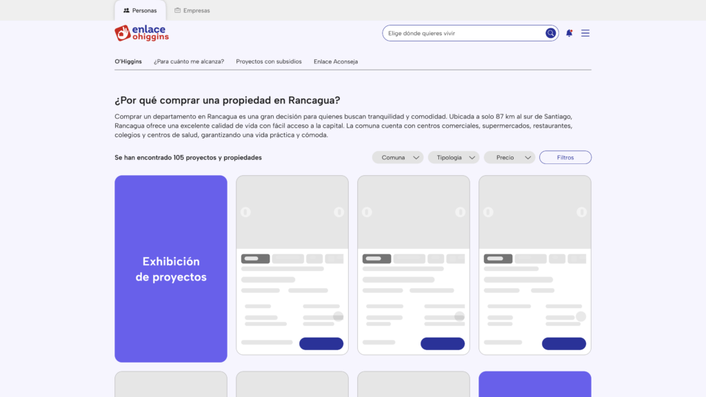 Vista de resultados de búsqueda inmobiliaria en la red Enlace con un proyecto destacado en primera posición