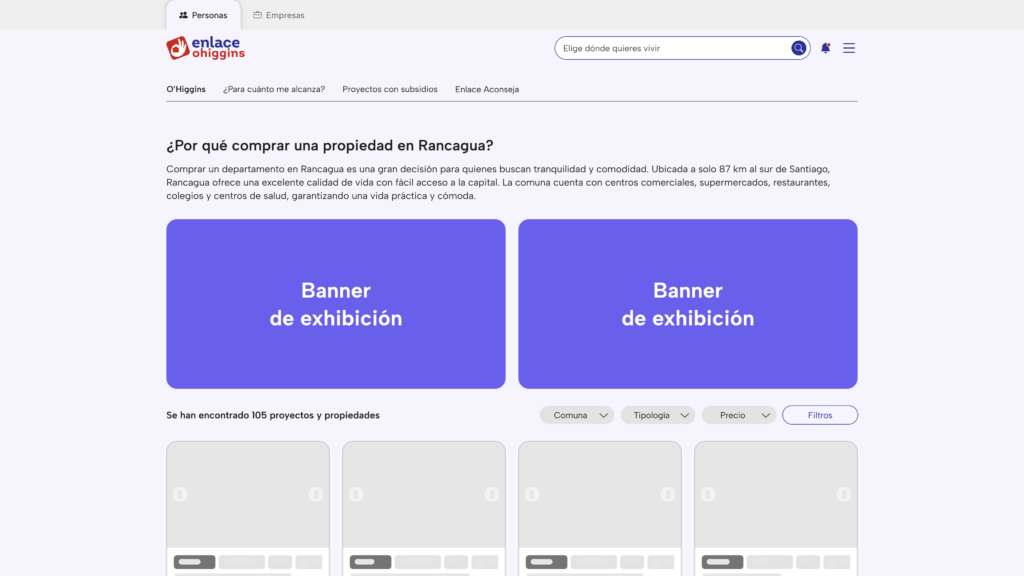 Vista de resultados inmobiliarios con banners gráficos de alto impacto en la parte superior del sitio