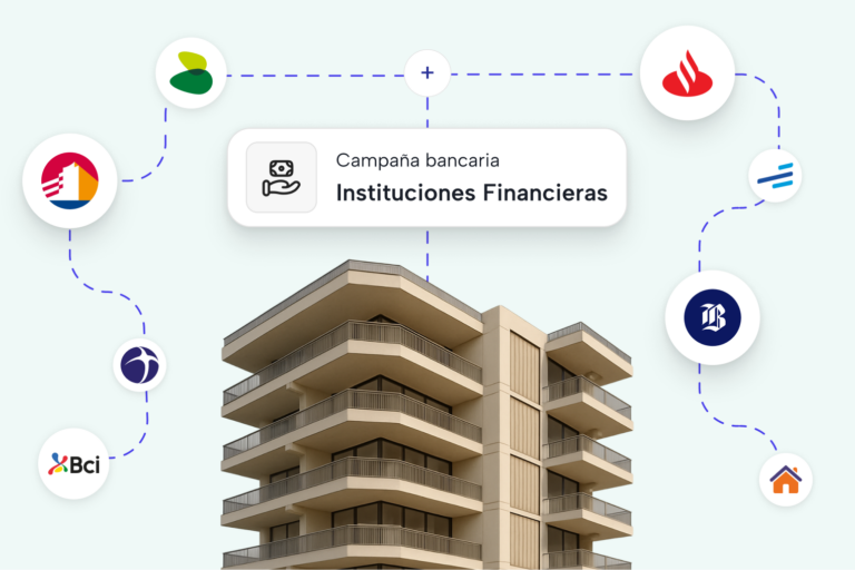 Edificio residencial conectado a logos de bancos asociados a campañas inmobiliarias