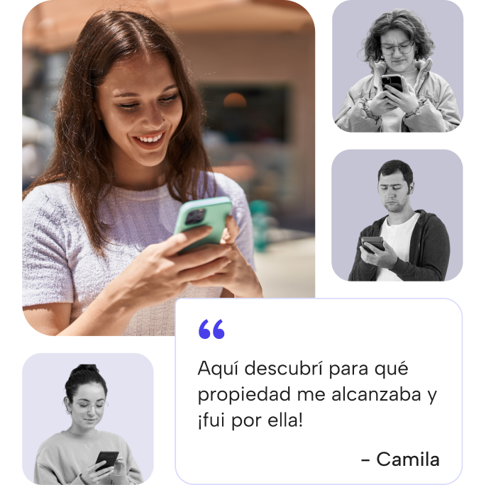 Mujer descubriendo propiedades desde su celular gracias a la red de portales Enlace Inmobiliario