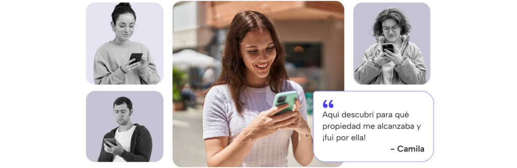 Mujer descubriendo propiedades desde su celular gracias a la red de portales Enlace Inmobiliario