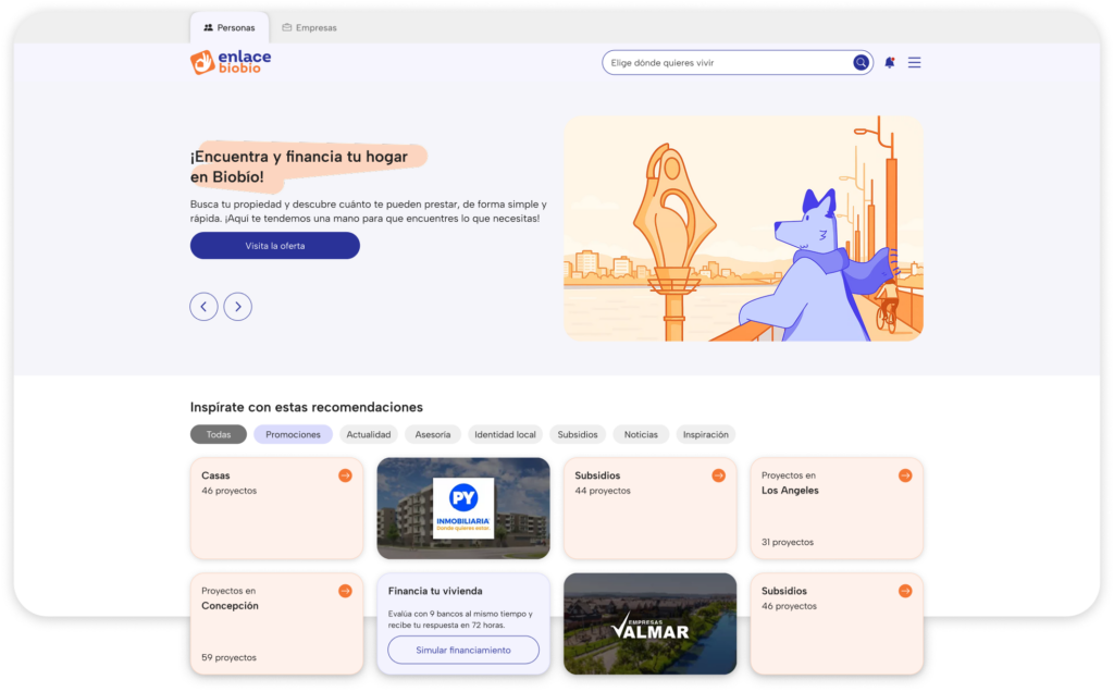 Vista del portal Enlace Biobío con buscador de propiedades y secciones de proyectos en ciudades específicas