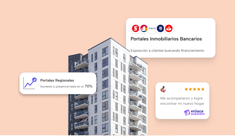 Edificio con etiquetas de portales inmobiliarios bancarios y regionales de Enlace