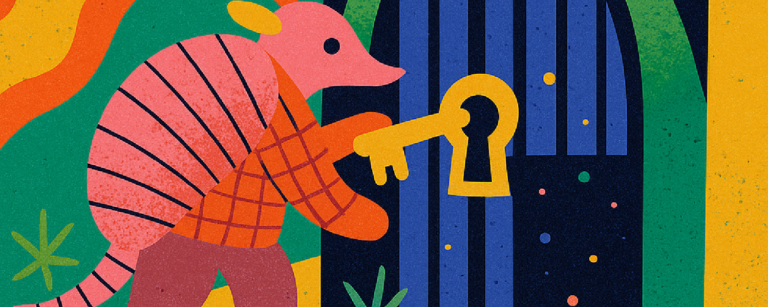 Ilustración de armadillo usando una llave dorada para abrir una puerta