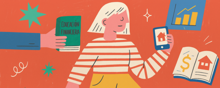 Ilustración de pareja joven aprendiendo sobre cómo comprar su casa