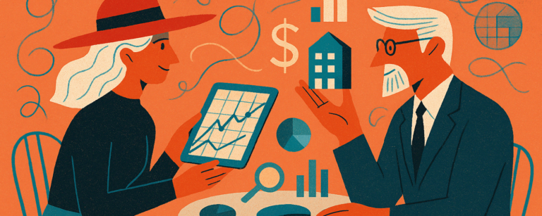 Ilustración de asesoría digital entre dos personas, con íconos de sitios inmobiliarios y gráficos de conversión.