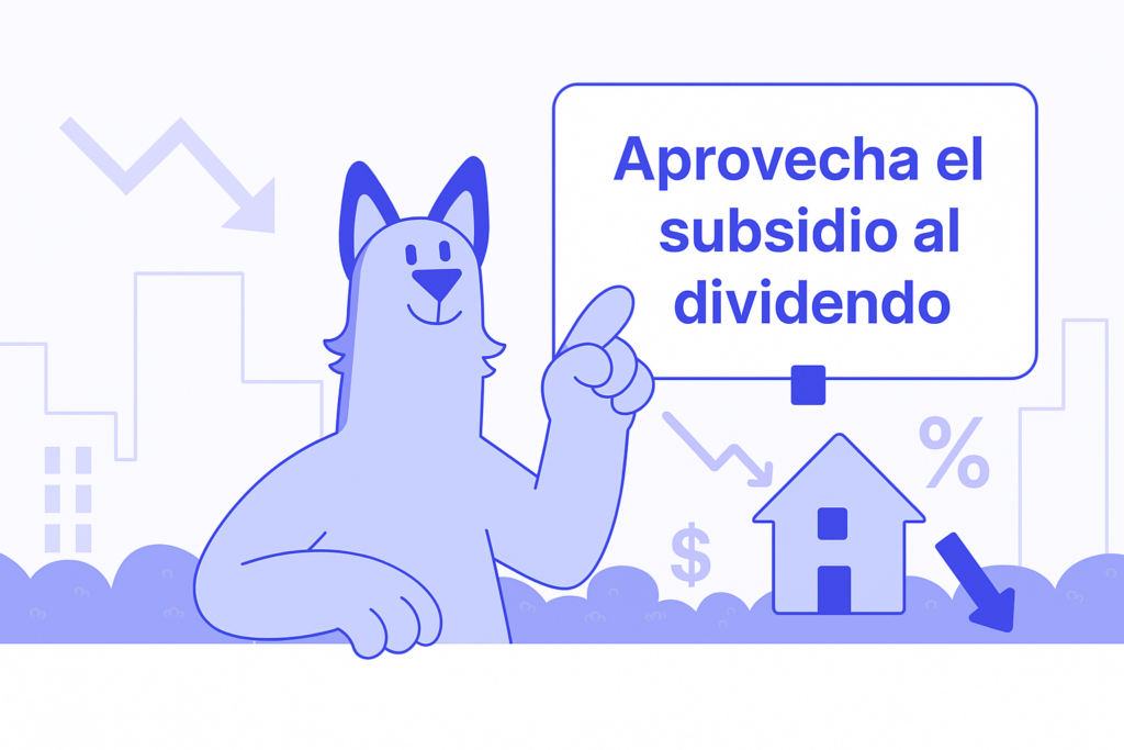 Ilustración de Enlacy señalando “Aprovecha el subsidio al dividendo”, con casa y flechas a la baja; referencia a baja en tasa de crédito hipotecario.