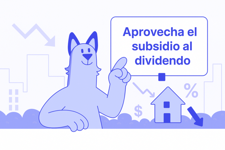 Ilustración de Enlacy señalando “Aprovecha el subsidio al dividendo”, con casa y flechas a la baja; referencia a baja en tasa de crédito hipotecario.