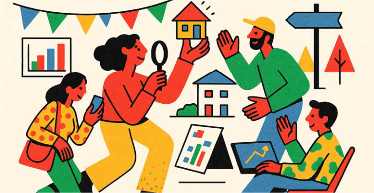 Personas explorando opciones de vivienda en feria inmobiliaria, con gráficos, casas y asesoría en compra.
