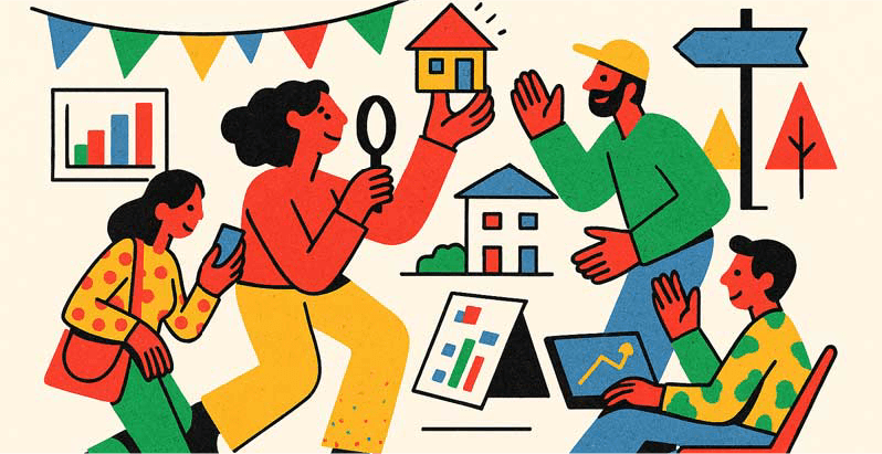 Personas explorando opciones de vivienda en feria inmobiliaria, con gráficos, casas y asesoría en compra.