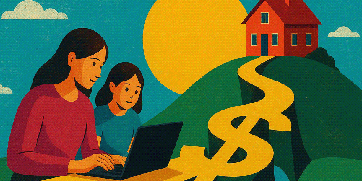 Madre e hija buscan casa online mientras un camino en forma de símbolo peso lleva a una vivienda.