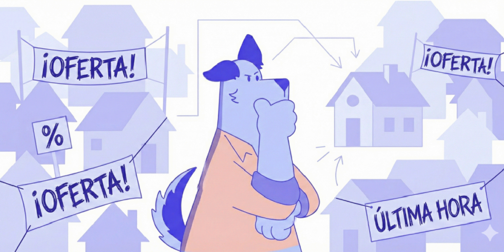 Ilustración de un comprador pensando frente a casas con letreros de “¡Oferta!” y “Última hora” en un contexto inmobiliario.