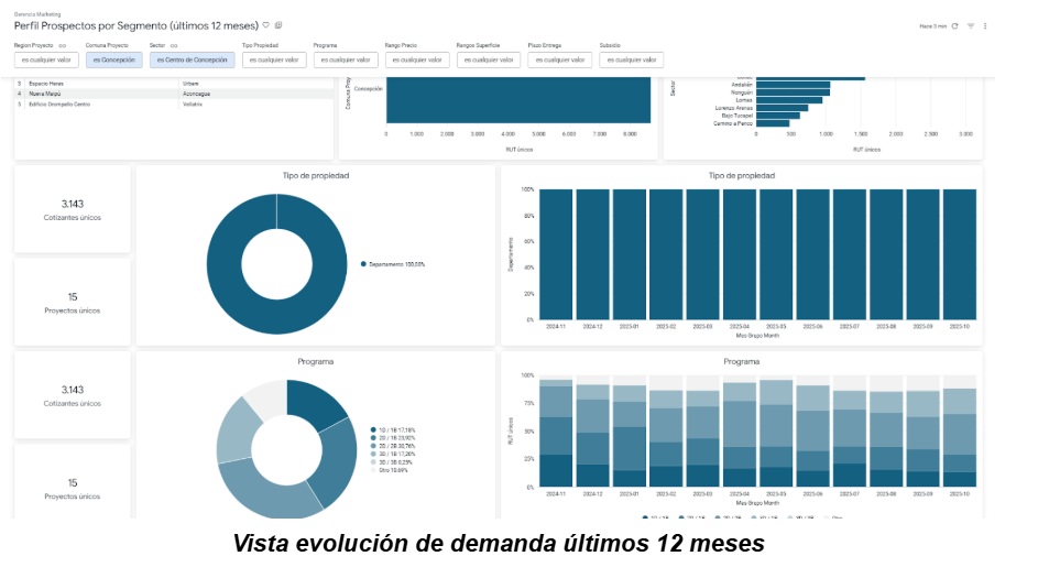 Evolución de la demanda inmobiliaria por tipo de propiedad y programa durante los últimos 12 meses en Concepción.