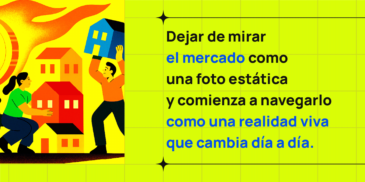 Ilustración con personas y casas junto a una frase inspiradora sobre el dinamismo del mercado inmobiliario.