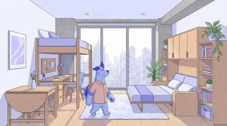 Ilustración de nanodepartamento con cama alta, escritorio y sofá cama; espacios integrados, luz natural y vista urbana.