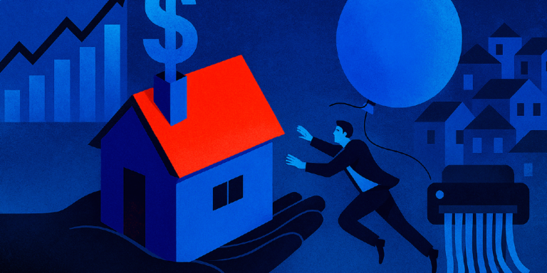 Ilustración de hombre intentando alcanzar una casa con símbolo de dinero, representando el desafío de acceder a una vivienda con subsidio al dividendo.