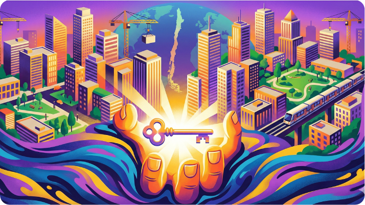 Ilustración de manos sosteniendo una llave dorada frente a una ciudad en expansión, simbolizando acceso a la vivienda en entornos urbanos.