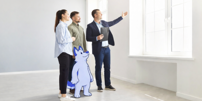Pareja joven visita un departamento vacío junto a un agente inmobiliario mientras una mascota ilustrada los acompaña.