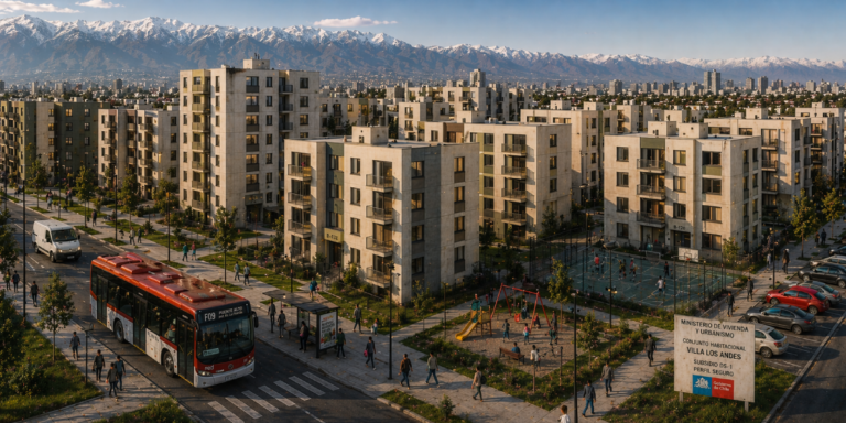 Conjunto habitacional con edificios de departamentos, áreas comunes, transporte público y equipamiento urbano, asociado a proyectos de vivienda con subsidio DS1.