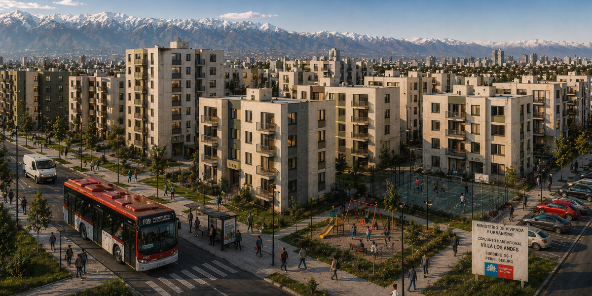 Conjunto habitacional con edificios de departamentos, áreas comunes, transporte público y equipamiento urbano, asociado a proyectos de vivienda con subsidio DS1.