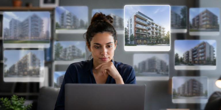 Mujer revisa proyectos inmobiliarios en su computador mientras compara distintos edificios en pantalla antes de elegir una propiedad.
