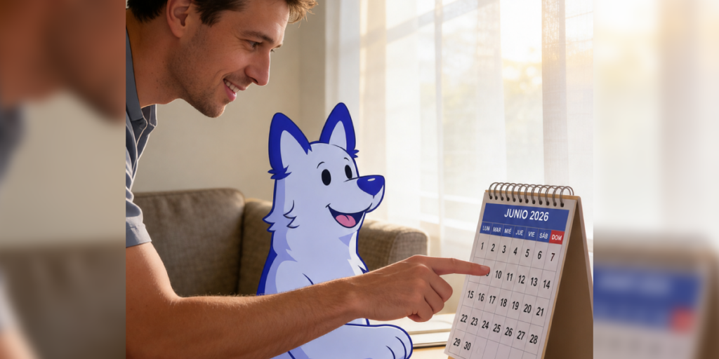 Hombre revisa un calendario de junio 2026 junto a una mascota ilustrada, marcando la fecha clave para postular al subsidio DS1.