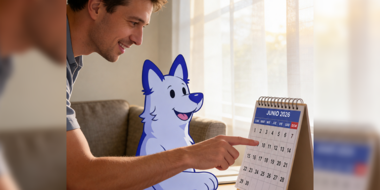 Hombre revisa un calendario de junio 2026 junto a una mascota ilustrada, marcando la fecha clave para postular al subsidio DS1.